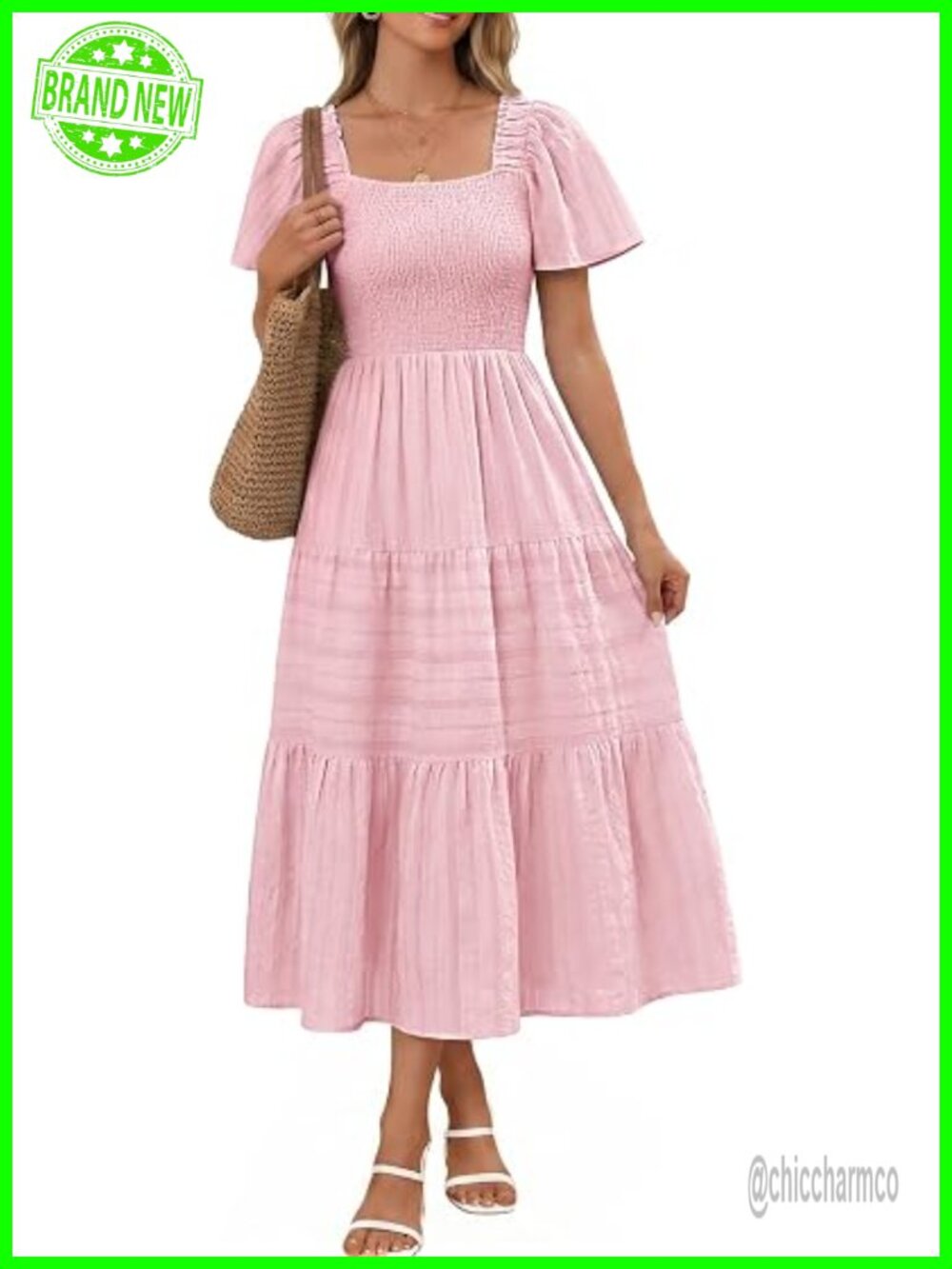 Flowy Short Sleeve Square Neck Smocked Ruffle Boho Midi Dress with Pockets